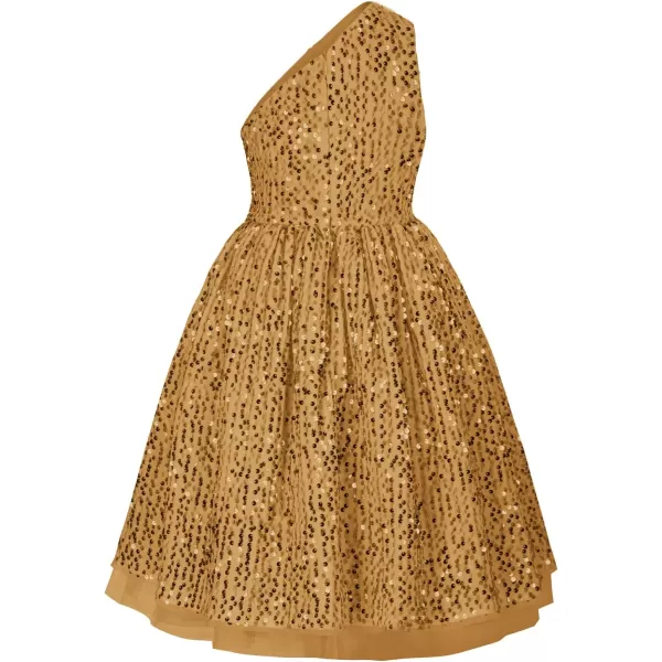 GRACE KARIN Girls Sequin Dress One Shoulder Sparkle Party Dress with Hair BowGold