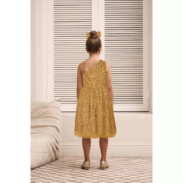 GRACE KARIN Girls Sequin Dress One Shoulder Sparkle Party Dress with Hair BowGold
