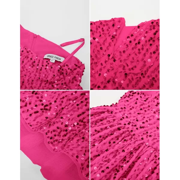 GRACE KARIN Girls Sequin Dress One Shoulder Sparkle Party Dress with Hair BowHot Pink