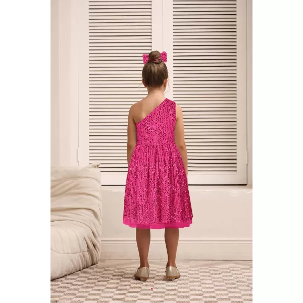 GRACE KARIN Girls Sequin Dress One Shoulder Sparkle Party Dress with Hair BowHot Pink