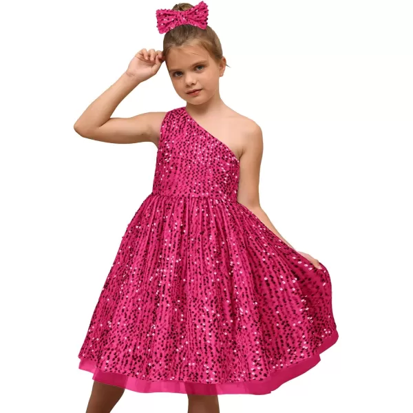 GRACE KARIN Girls Sequin Dress One Shoulder Sparkle Party Dress with Hair BowHot Pink