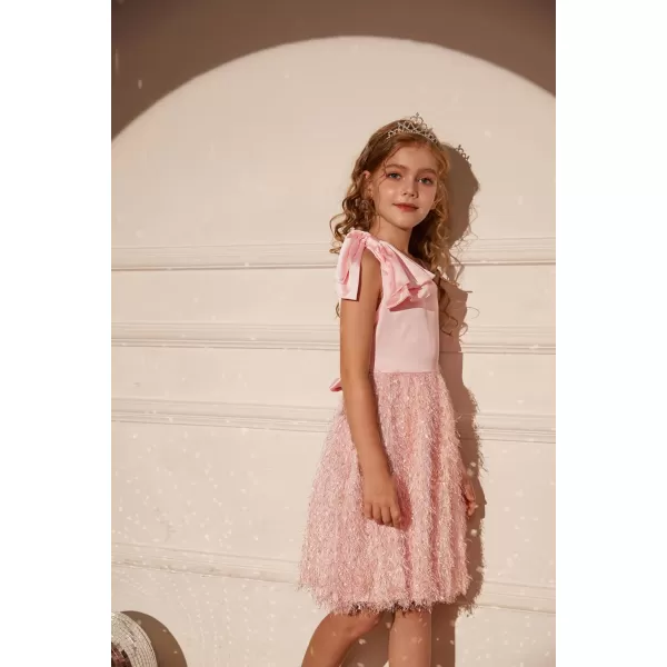 GRACE KARIN Girls Sequin Dress One Shoulder Sparkle Party Dress with Hair BowLight Pink