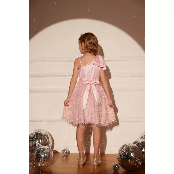 GRACE KARIN Girls Sequin Dress One Shoulder Sparkle Party Dress with Hair BowLight Pink