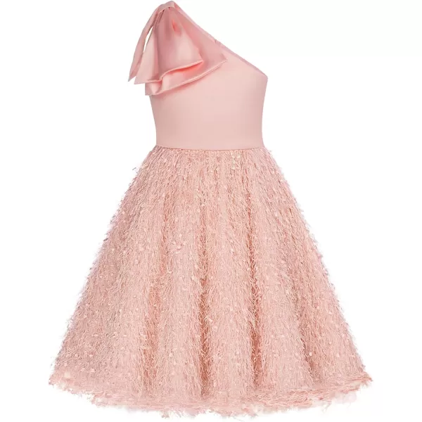 GRACE KARIN Girls Sequin Dress One Shoulder Sparkle Party Dress with Hair BowLight Pink