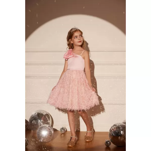 GRACE KARIN Girls Sequin Dress One Shoulder Sparkle Party Dress with Hair BowLight Pink