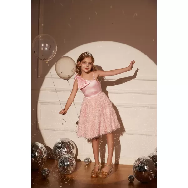 GRACE KARIN Girls Sequin Dress One Shoulder Sparkle Party Dress with Hair BowLight Pink