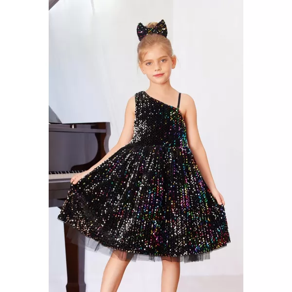 GRACE KARIN Girls Sequin Dress One Shoulder Sparkle Party Dress with Hair BowMulticolor