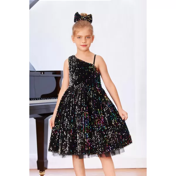 GRACE KARIN Girls Sequin Dress One Shoulder Sparkle Party Dress with Hair BowMulticolor