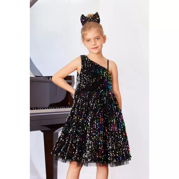 GRACE KARIN Girls Sequin Dress One Shoulder Sparkle Party Dress with Hair BowMulticolor