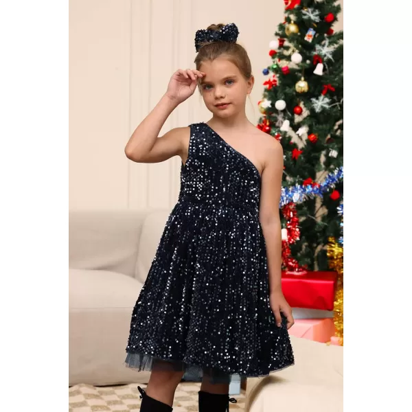 GRACE KARIN Girls Sequin Dress One Shoulder Sparkle Party Dress with Hair BowNavy Blue