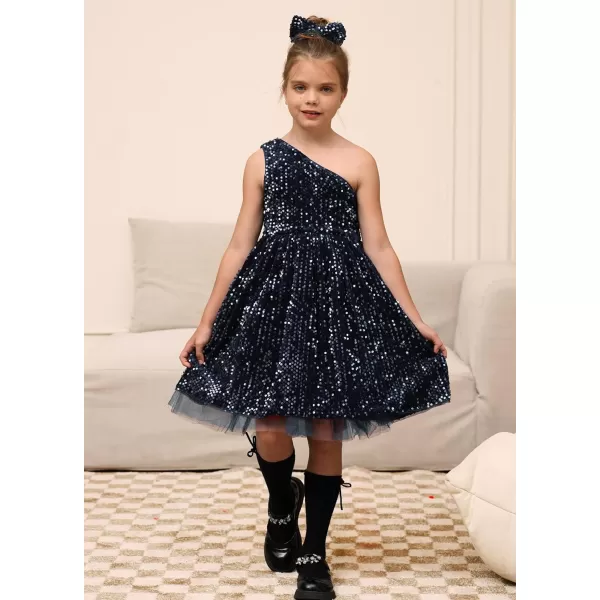 GRACE KARIN Girls Sequin Dress One Shoulder Sparkle Party Dress with Hair BowNavy Blue