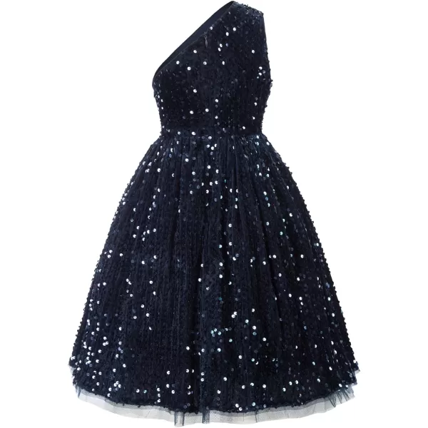 GRACE KARIN Girls Sequin Dress One Shoulder Sparkle Party Dress with Hair BowNavy Blue