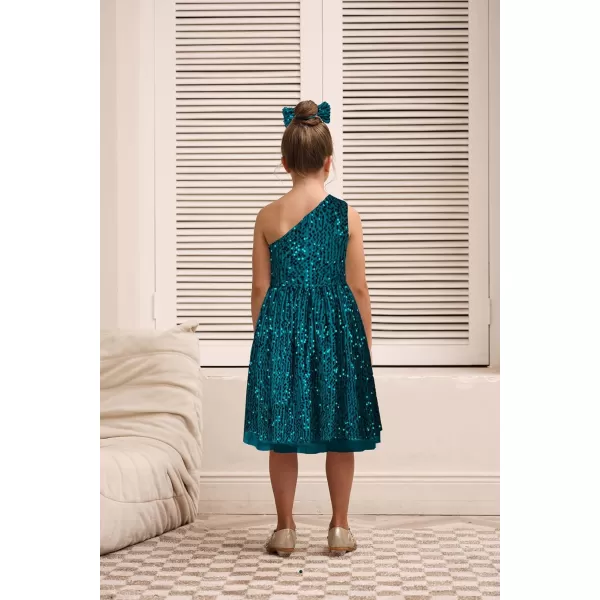 GRACE KARIN Girls Sequin Dress One Shoulder Sparkle Party Dress with Hair BowPeacock Blue