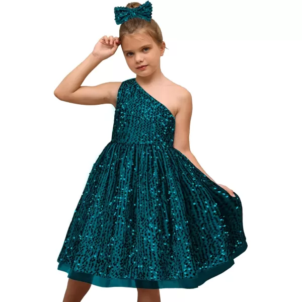 GRACE KARIN Girls Sequin Dress One Shoulder Sparkle Party Dress with Hair BowPeacock Blue