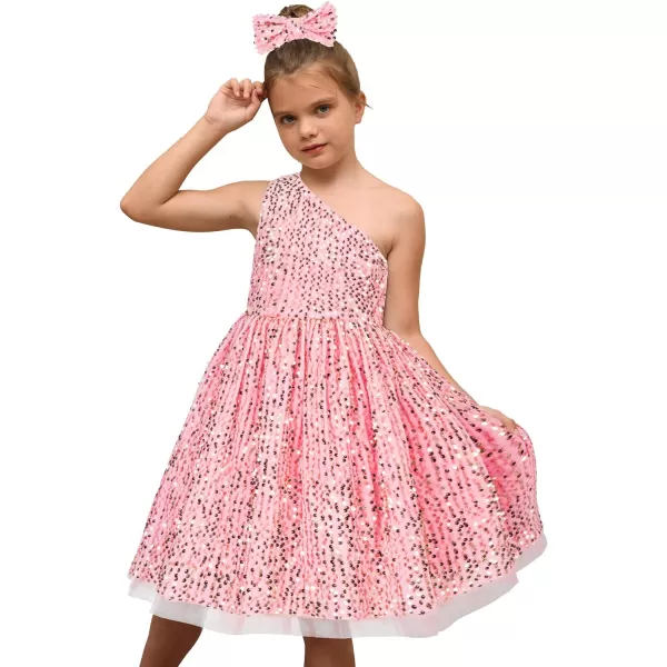 GRACE KARIN Girls Sequin Dress One Shoulder Sparkle Party Dress with Hair BowPink