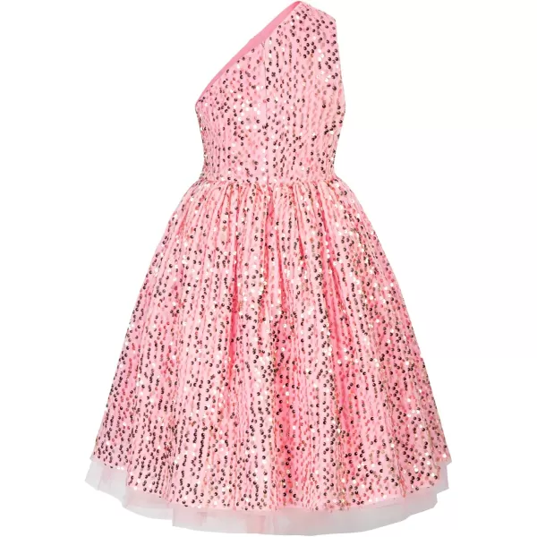 GRACE KARIN Girls Sequin Dress One Shoulder Sparkle Party Dress with Hair BowPink