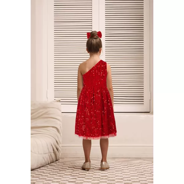 GRACE KARIN Girls Sequin Dress One Shoulder Sparkle Party Dress with Hair BowRed