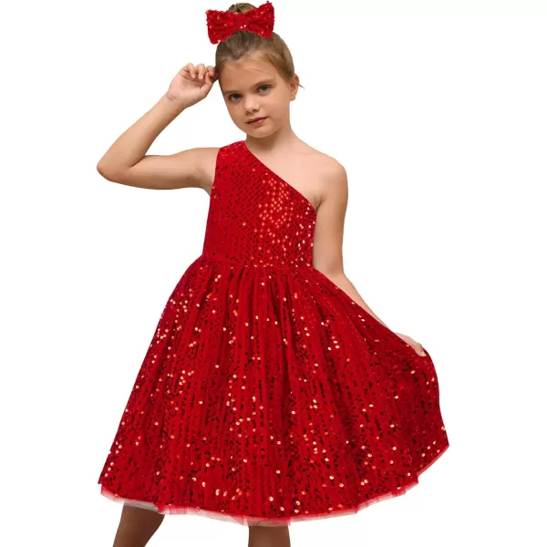 GRACE KARIN Girls Sequin Dress One Shoulder Sparkle Party Dress with Hair BowRed