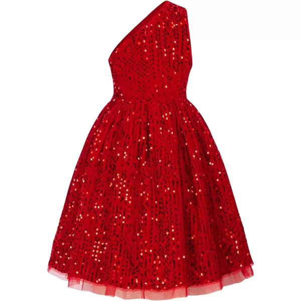 GRACE KARIN Girls Sequin Dress One Shoulder Sparkle Party Dress with Hair BowRed