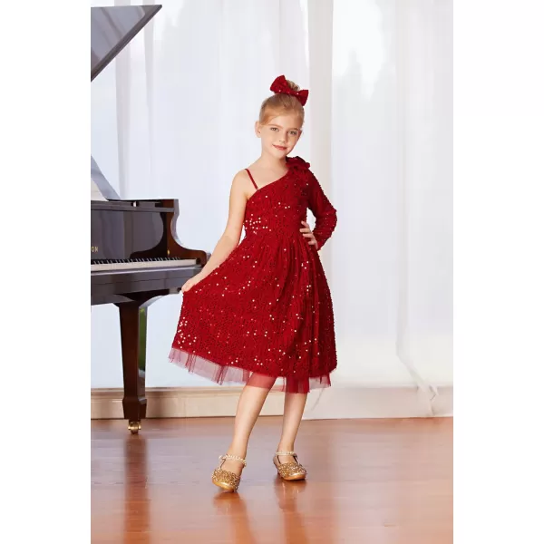 GRACE KARIN Girls Sequin Dress One Shoulder Sparkle Party Dress with Hair BowRed Long