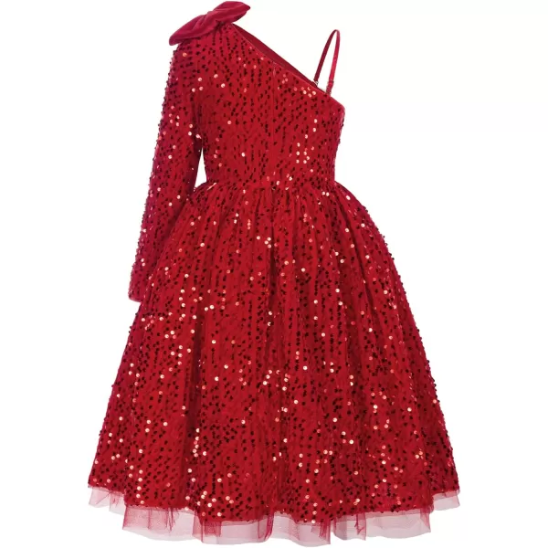 GRACE KARIN Girls Sequin Dress One Shoulder Sparkle Party Dress with Hair BowRed Long