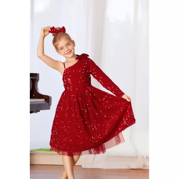 GRACE KARIN Girls Sequin Dress One Shoulder Sparkle Party Dress with Hair BowRed Long