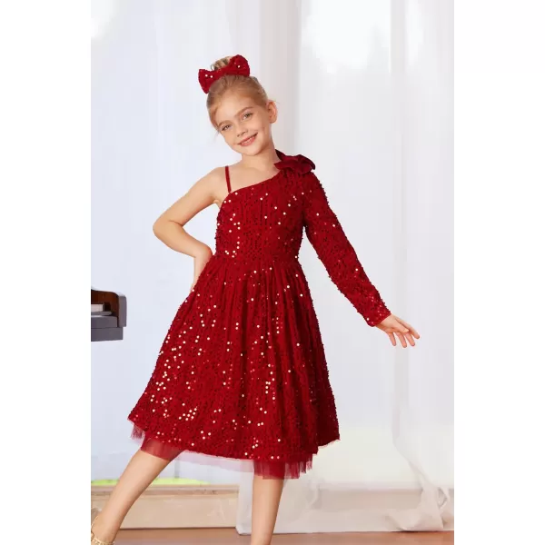 GRACE KARIN Girls Sequin Dress One Shoulder Sparkle Party Dress with Hair BowRed Long