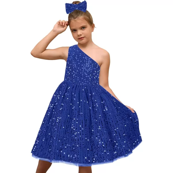 GRACE KARIN Girls Sequin Dress One Shoulder Sparkle Party Dress with Hair BowRoyal Blue