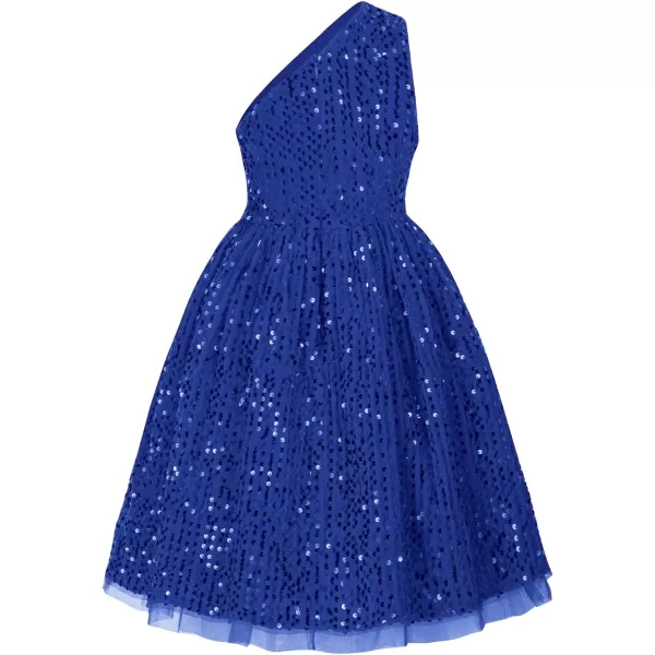 GRACE KARIN Girls Sequin Dress One Shoulder Sparkle Party Dress with Hair BowRoyal Blue