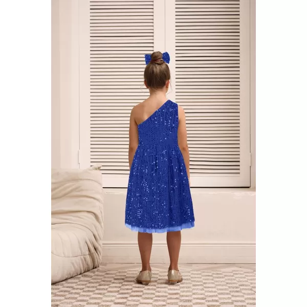 GRACE KARIN Girls Sequin Dress One Shoulder Sparkle Party Dress with Hair BowRoyal Blue