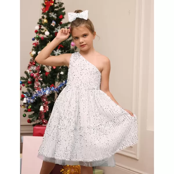 GRACE KARIN Girls Sequin Dress One Shoulder Sparkle Party Dress with Hair BowSilver