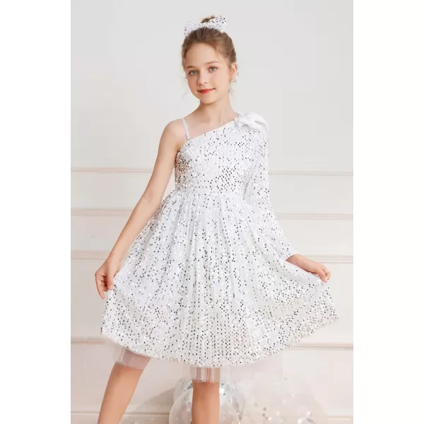 GRACE KARIN Girls Sequin Dress One Shoulder Sparkle Party Dress with Hair BowSilver Long