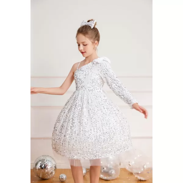 GRACE KARIN Girls Sequin Dress One Shoulder Sparkle Party Dress with Hair BowSilver Long