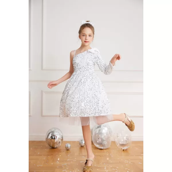 GRACE KARIN Girls Sequin Dress One Shoulder Sparkle Party Dress with Hair BowSilver Long