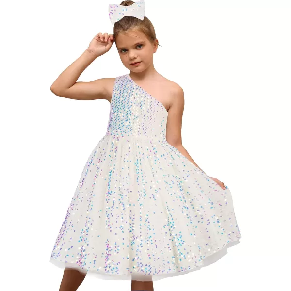 GRACE KARIN Girls Sequin Dress One Shoulder Sparkle Party Dress with Hair BowWhite