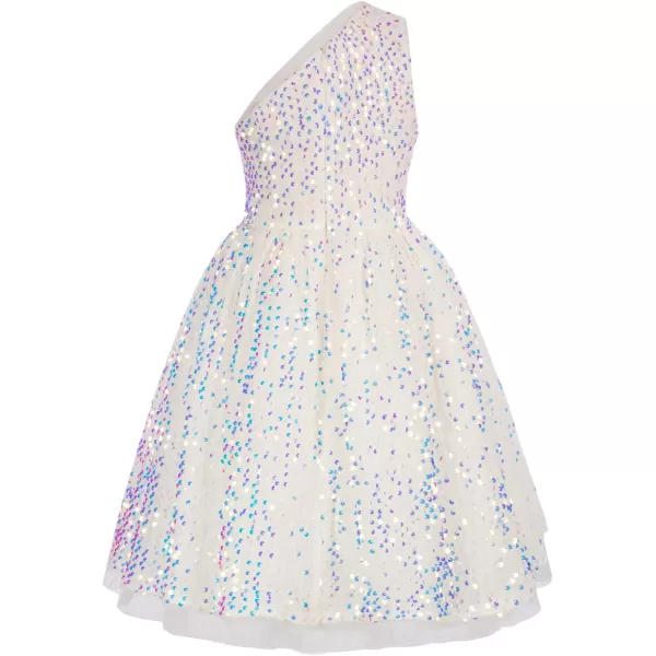 GRACE KARIN Girls Sequin Dress One Shoulder Sparkle Party Dress with Hair BowWhite