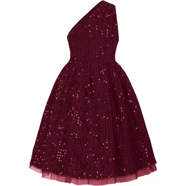 GRACE KARIN Girls Sequin Dress One Shoulder Sparkle Party Dress with Hair BowWine