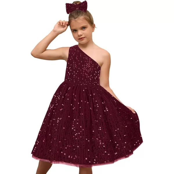 GRACE KARIN Girls Sequin Dress One Shoulder Sparkle Party Dress with Hair BowWine