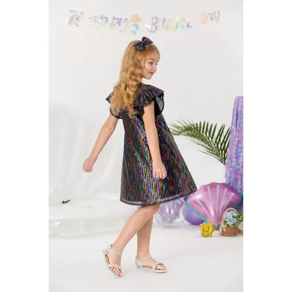 GRACE KARIN Girls Sequin Dress Short Flutter Sleeve Flare Silhouette Midi Dress with Hairbow 512YMulticoloured on Black