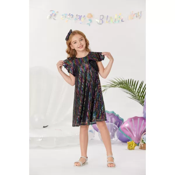 GRACE KARIN Girls Sequin Dress Short Flutter Sleeve Flare Silhouette Midi Dress with Hairbow 512YMulticoloured on Black