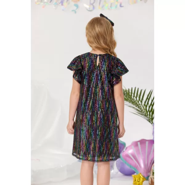 GRACE KARIN Girls Sequin Dress Short Flutter Sleeve Flare Silhouette Midi Dress with Hairbow 512YMulticoloured on Black