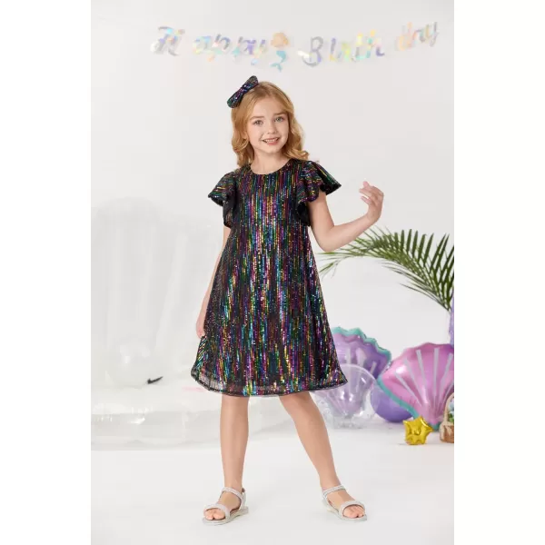 GRACE KARIN Girls Sequin Dress Short Flutter Sleeve Flare Silhouette Midi Dress with Hairbow 512YMulticoloured on Black