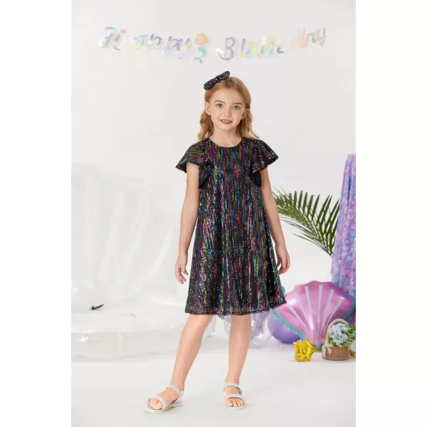 GRACE KARIN Girls Sequin Dress Short Flutter Sleeve Flare Silhouette Midi Dress with Hairbow 512YMulticoloured on Black