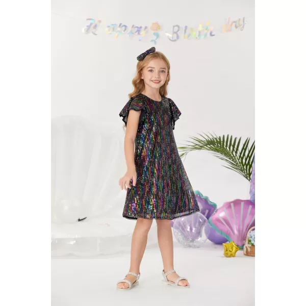 GRACE KARIN Girls Sequin Dress Short Flutter Sleeve Flare Silhouette Midi Dress with Hairbow 512YMulticoloured on Black