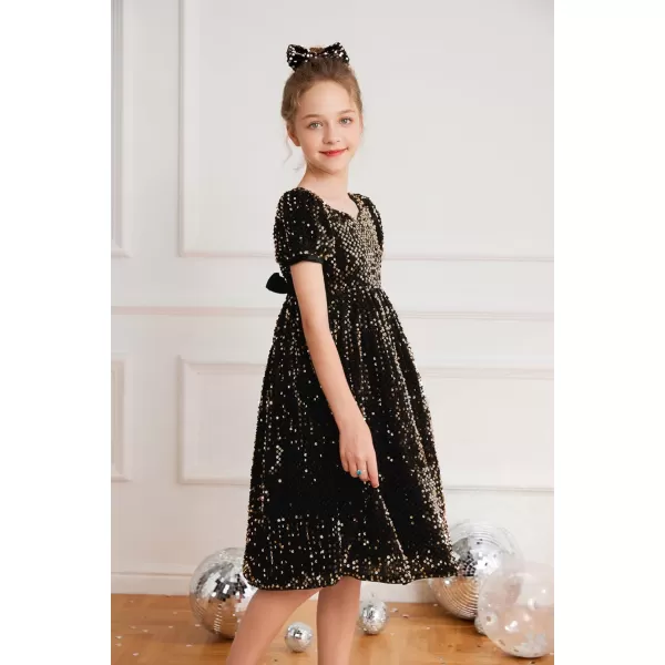 GRACE KARIN Girls Sequin Dress Short Sleeve Sparkly Princess Party Maxi Dress 512YBlack