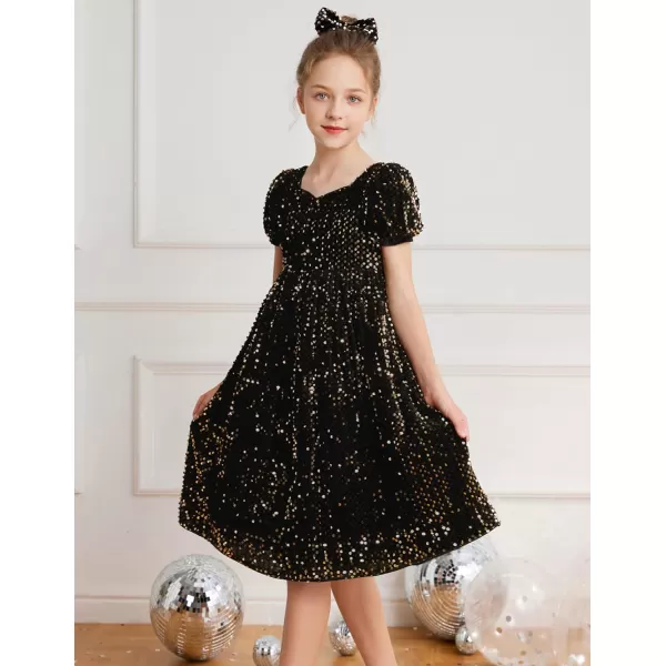 GRACE KARIN Girls Sequin Dress Short Sleeve Sparkly Princess Party Maxi Dress 512YBlack