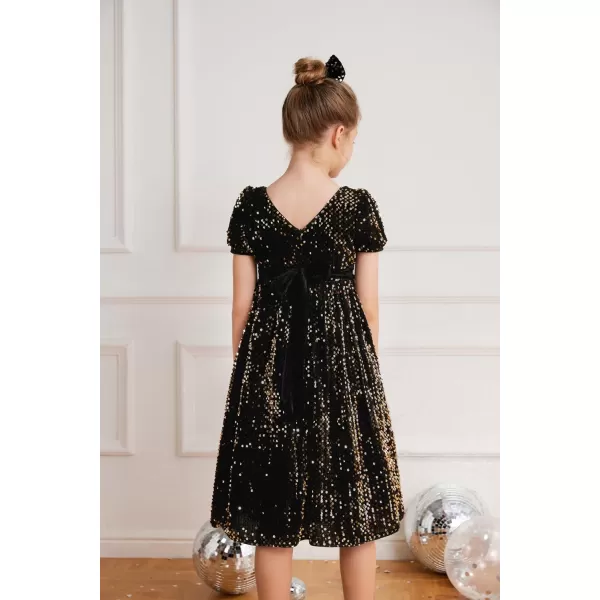 GRACE KARIN Girls Sequin Dress Short Sleeve Sparkly Princess Party Maxi Dress 512YBlack