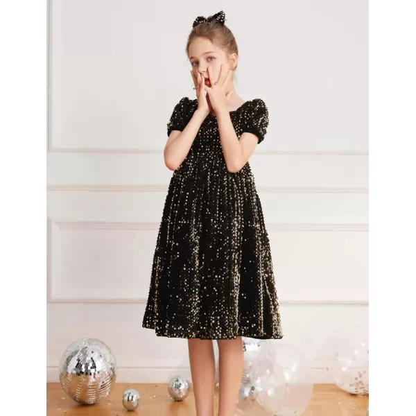 GRACE KARIN Girls Sequin Dress Short Sleeve Sparkly Princess Party Maxi Dress 512YBlack