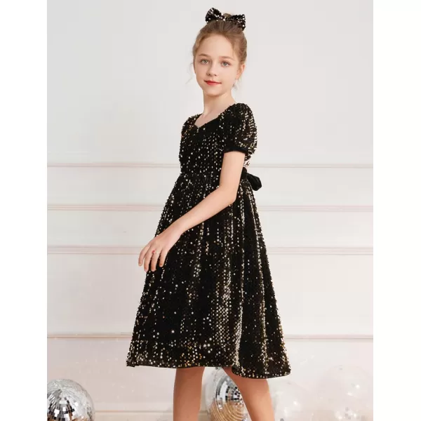 GRACE KARIN Girls Sequin Dress Short Sleeve Sparkly Princess Party Maxi Dress 512YBlack