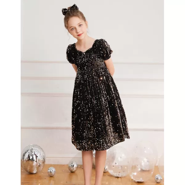 GRACE KARIN Girls Sequin Dress Short Sleeve Sparkly Princess Party Maxi Dress 512YBlack Golden